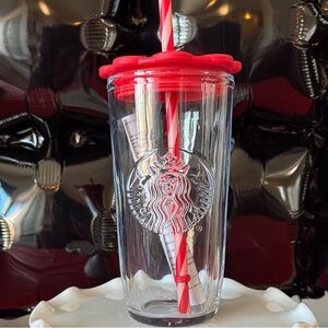 Starbucks Transparent Glass Heart Tumbler with Vibrant Red Lid
